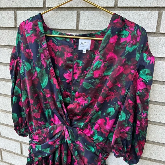 MISA Los Angeles Narcissa Floral Satin Mini Dress V-Neck Black Pink Party - Picture 6 of 16